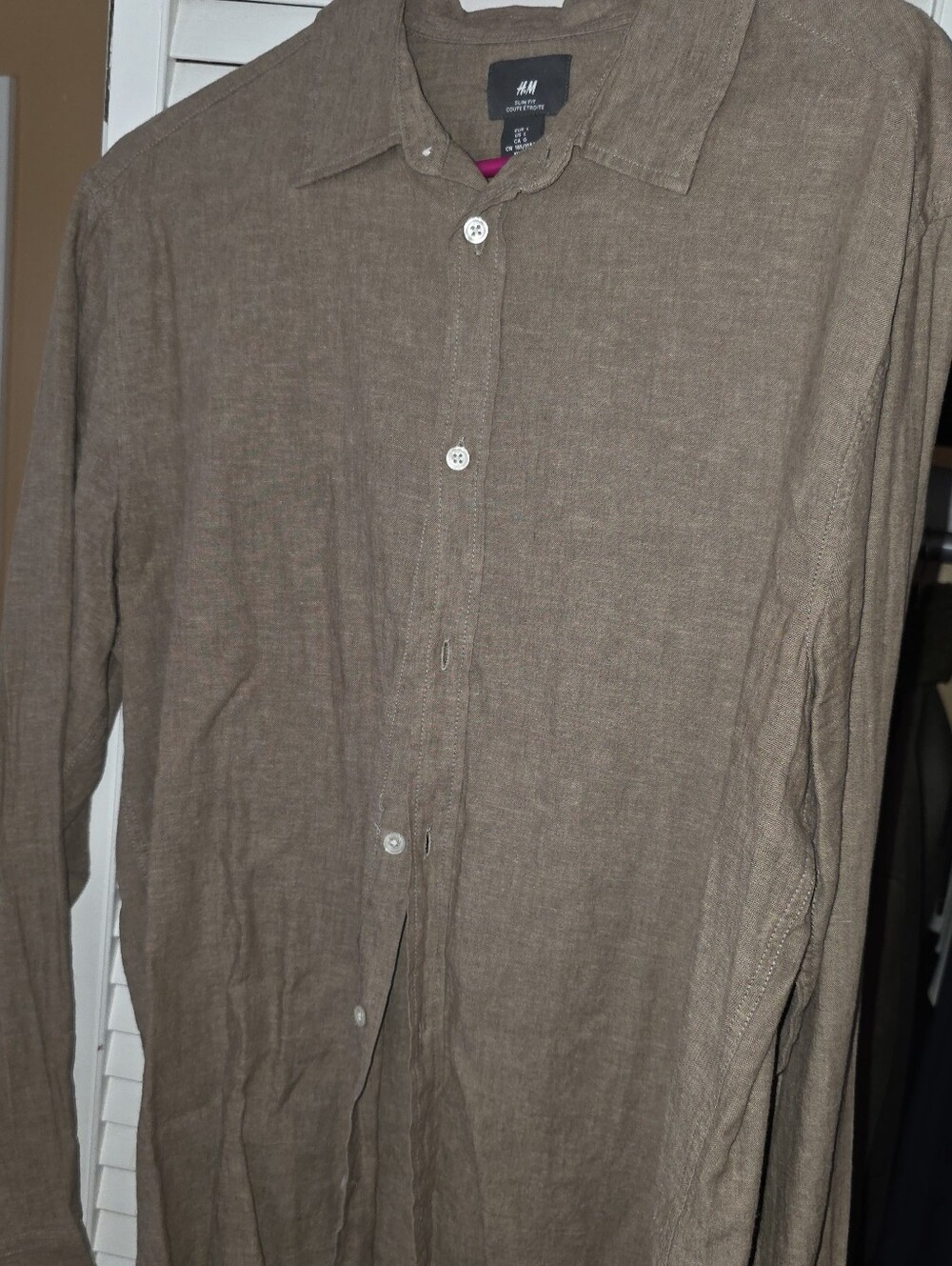 H&M Men’s Slim Fit Button Up Shirt Large Taupe Brown Long Sleeve
